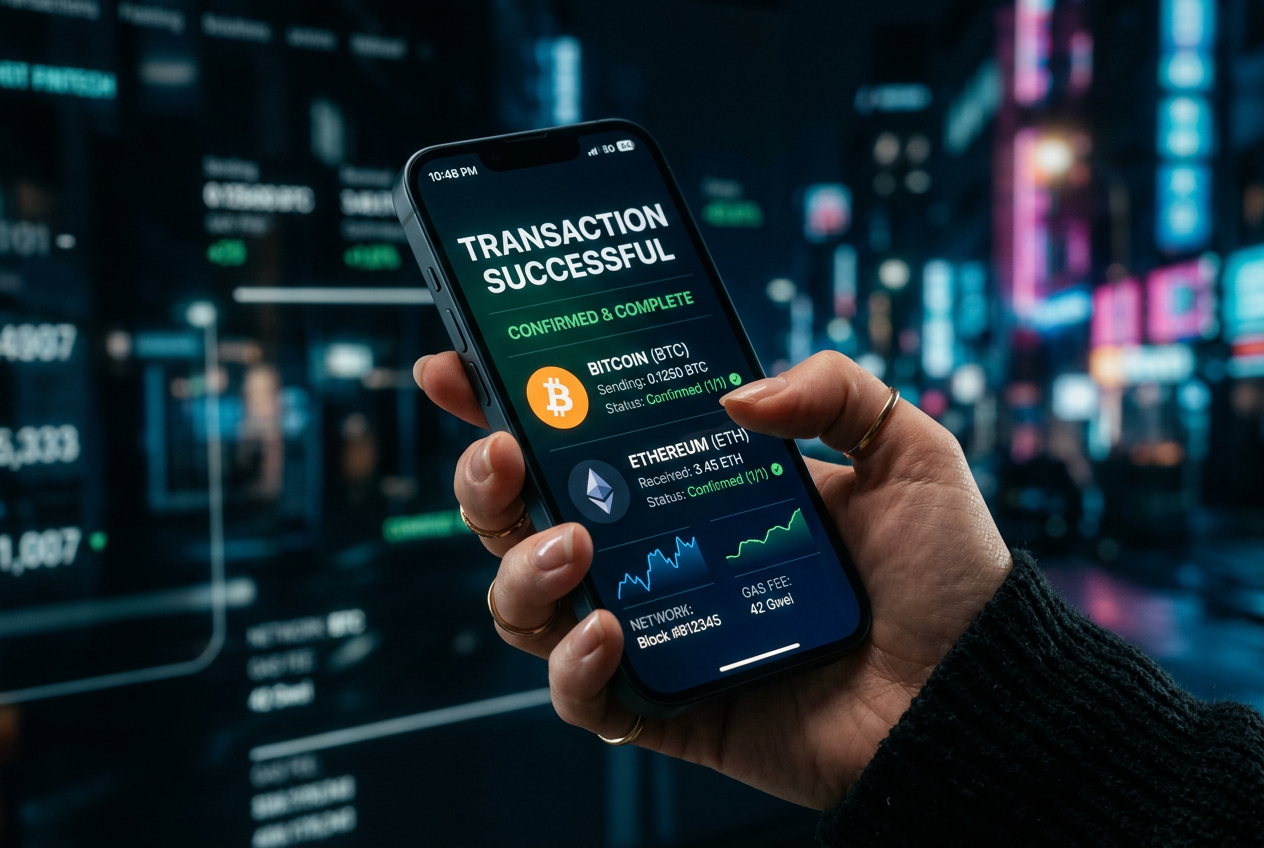 Moderní smartphone s rozhraním kryptoměnové peněženky a ikonami Bitcoinu