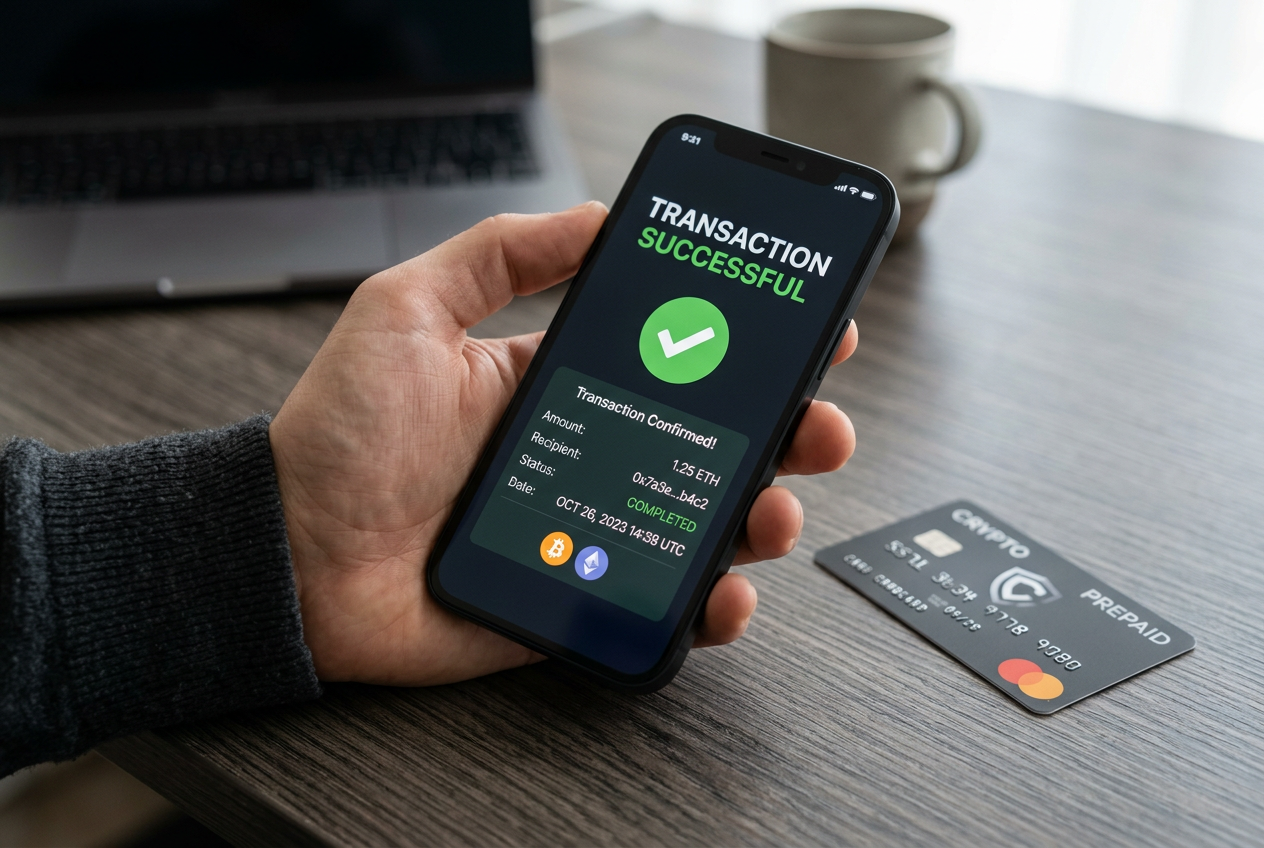 Detailní záběr ruky držící chytrý telefon s potvrzením krypto transakce vedle platební karty